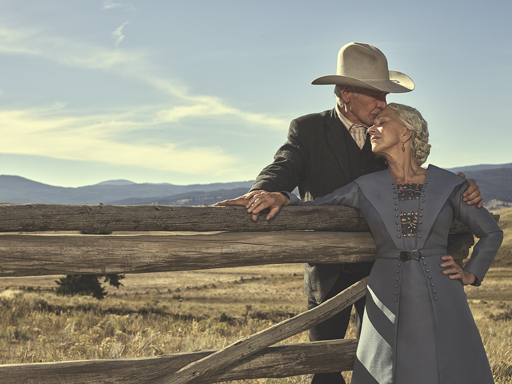 Harrison Ford as Jacob Dutton and Helen MIrren as Cara Dutton in 1923 streaming on Paramount+ 2022. Photo Credit: James Minchin III/Paramount+