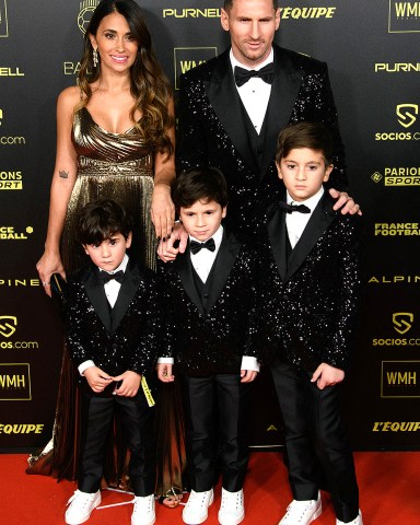 Lionel Messi, his wife Antonella Roccuzzo and their kids attend the Ballon d'Or ceremony held at Theatre Du Chatelet on November 29, 2021 in Paris, France.Ballon d'Or Arrivals - Paris - 29 Nov 2021