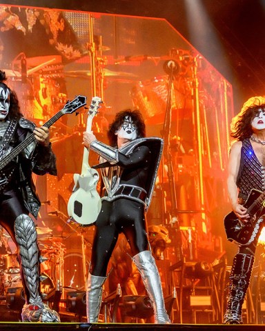 Gene Simmons, Tommy Thayer and Paul Stanley of US band KISS perform on stage during the Copenhell heavy metal festival in Copenhagen, Denmark, 16 June 2022 (issued 17 June 2022).
KISS live at Copenhell heavy metal festival in Denmark, Copenhagen - 16 Jun 2022