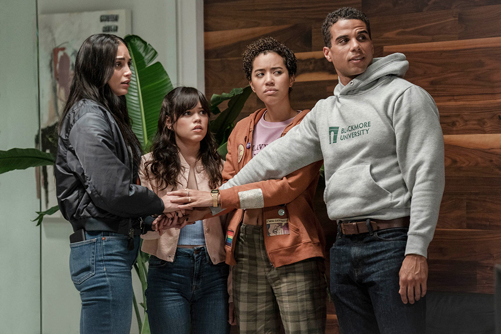 L-r, Melissa Barrera (“Sam Carpenter”) , Jenna Ortega (“Tara Carpenter”), Jasmin Savoy Brown (“Mindy Meeks-Martin”) and  Mason Gooding (“Chad Meeks-Martin”) star in Paramount Pictures and Spyglass Media Group's "Scream VI."