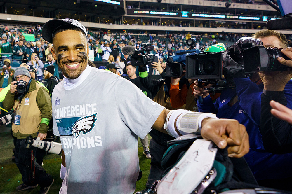 Philadelphia Eagles quarterback Jalen Hurts (1) reacts following the NFC Championship NFL football game against the San Francisco 49ers, in Philadelphia
49ers Eagles Football, Philadelphia, PA, USA - 29 Jan 2023