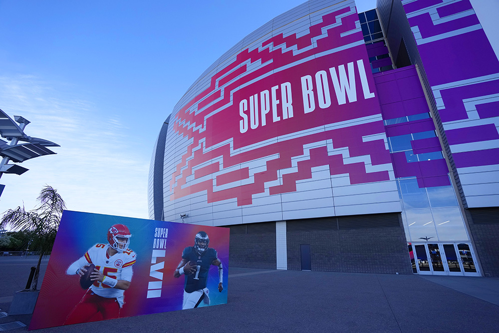 An exterior, general view of State Farm Stadium before the NFL Super Bowl 57 football game between the Philadelphia Eagles and the Kansas City Chiefs, in Glendale, Ariz
Chiefs Eagles Super Bowl Football, Glendale, United States - 12 Feb 2023