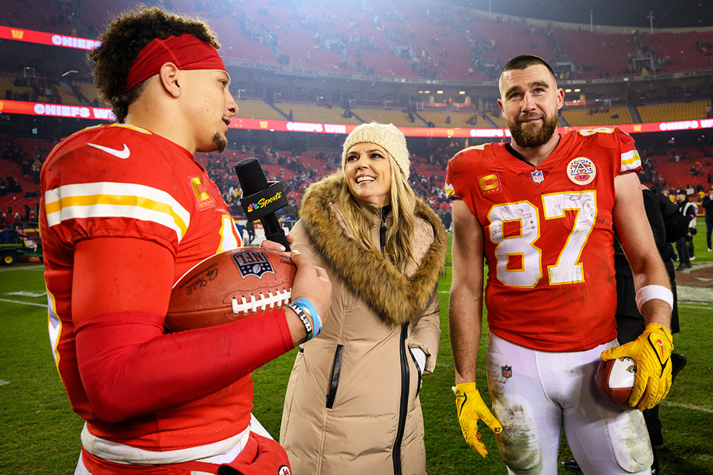 Kansas City Chiefs quarterback Patrick Mahomes, left, and Chiefs tight end Travis Kelce (87) are interviewed by Melissa Stark after their win over the Jacksonville Jaguars in an NFL divisional round playoff football game, in Kansas City, Mo
Jaguars Chiefs Football, Kansas City, United States - 21 Jan 2023