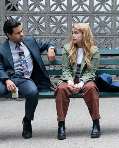 Up Here -- “Signs” - Episode 103 -- As she takes the next steps in her creative journey, Lindsay is sent in search of answers to a vexing question, while Miguel grapples with an impossible task of his own Miguel (Carlos Valdes) and Lindsey (Mae Whitman), shown. (Photo by: Patrick Harbron/Hulu)