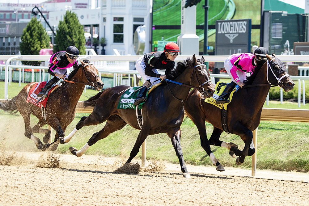 Smile Happy (C) with jockey Brian Hernandez, Jr. rounds the first turn on his way to the Alysheba Stakes at Churchill Downs in Louisville, Kentucky on Friday, May 5, 2023. Art Collector (L) and West Will Power (R) finished second and third respectively. The 149th running of the Kentucky Derby is on Saturday, May 6th.
Kentucky Derby Week, Louisville, United States - 05 May 2023