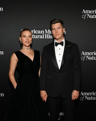 NEW YORK, NEW YORK - DECEMBER 05: (L-R) Scarlett Johansson and Colin Jost attend The American Museum of Natural History's 2024 Museum Gala at American Museum of Natural History on December 05, 2024 in New York City.  (Photo by Slaven Vlasic/Getty Images  for the American Museum of Natural History)