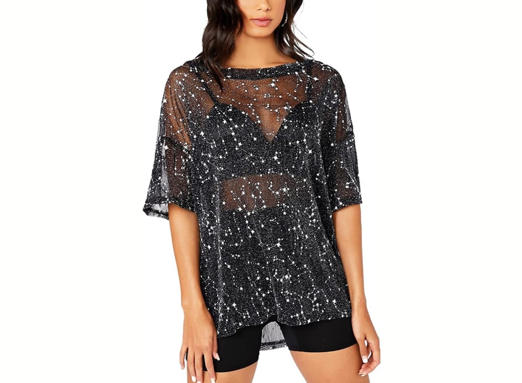 Wdirara Sheer Glitter Mesh Top