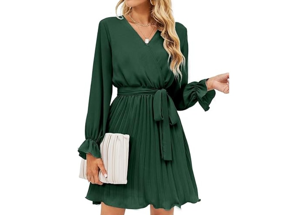 Pleated Ruffle Flowy Belted Mini Dress