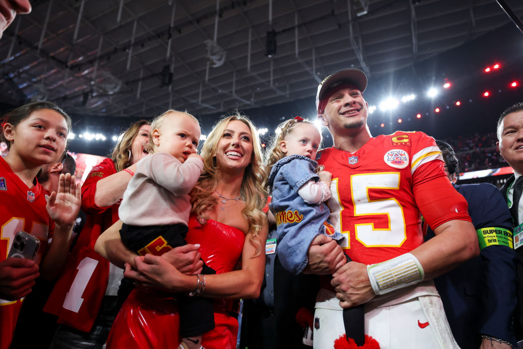 LAS VEGAS, NV - FEBRUARY 11: Patrick Mahomes #15 of the Kansas City Chiefs celebrates with his family after Super Bowl LVIII against the San Francisco 49ers at Allegiant Stadium on February 11, 2024 in Las Vegas, NV. (Photo by Perry Knotts/Getty Images)