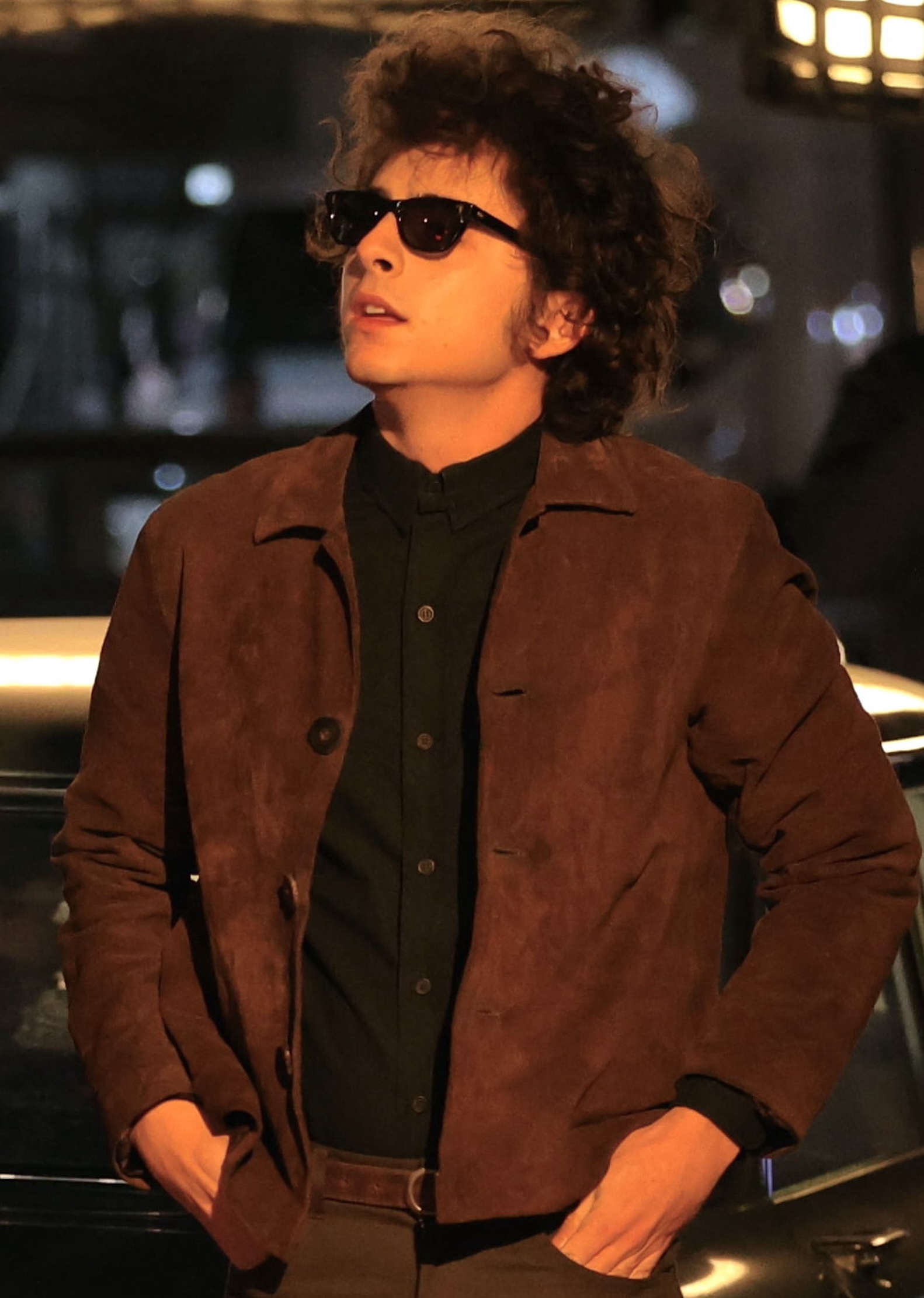 Timothee Chalamet on the set of "A Complete Unknown" in Manhattan.