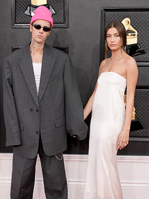 Justin Bieber and Hailey Bieber holding hands at the Grammys