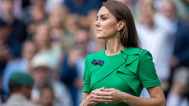 LONDON, ENGLAND - JULY 16.  Catherine, Princess of Wales, at the trophy presentation ceremony after the Gentlemen's Singles Final match on Centre Court during the Wimbledon Lawn Tennis Championships at the All England Lawn Tennis and Croquet Club at Wimbledon on July 16, 2023, in London, England. (Photo by Tim Clayton/Corbis via Getty Images)