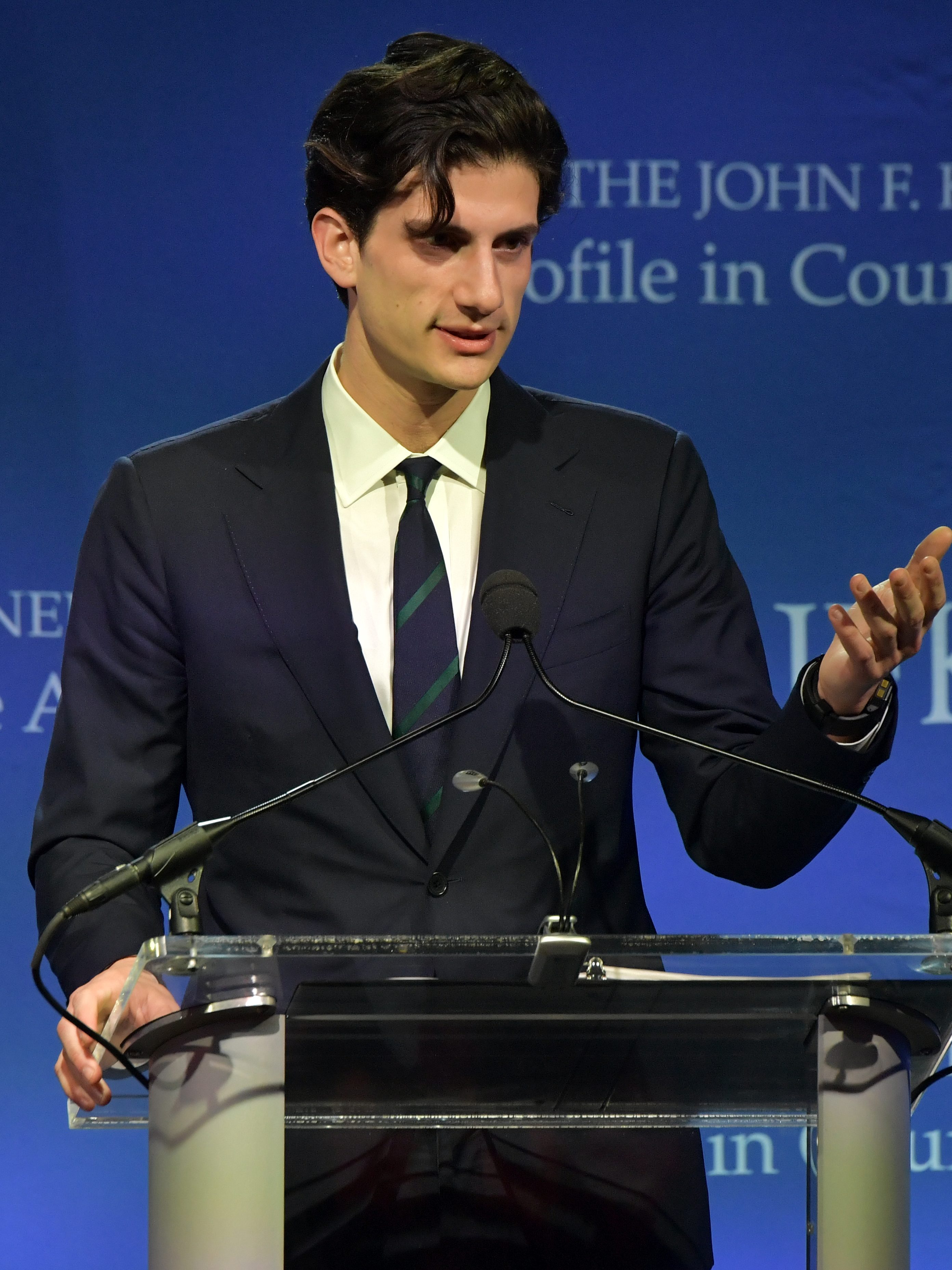 BOSTON, MA - MAY 19:  Jack Schlossberg introduces Speaker Nancy Pelosi who received the 2019 Profile in Courage Award at The John F. Kennedy Presidential Library And Museum on May 19, 2019 in Boston, Massachusetts.  (Photo by Paul Marotta/Getty Images)