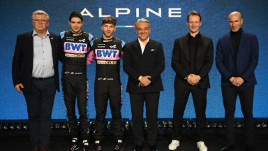 Renault Group's Chief Executive Luca De Meo (C), CEO of Alpine F1, Laurent Rossi (2R), French drivers Pierre Gasly (3L) and Esteban Ocon (2L), British Technical Chief Pat Fry (L) and French football coach and former football player Zinedine Zidane pose during BWT Alpine F1's 2023 season launch, in London on February 16, 2023. (Photo by Daniel LEAL / AFP) (Photo by DANIEL LEAL/AFP via Getty Images)