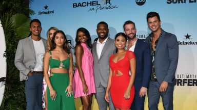 SANTA MONICA, CALIFORNIA - AUGUST 12: Aaron Clancy, Victoria Larson, Tammy Ly, Natasha Parker, Tre Cooper, Jessenia Cruz, Connor Brennan and Kenny Braasch attend ABC's "Bachelor In Paradise" And "The Ultimate Surfer" Premiere at Fairmont Miramar - Hotel & Bungalows on August 12, 2021 in Santa Monica, California. (Photo by Jon Kopaloff/Getty Images)