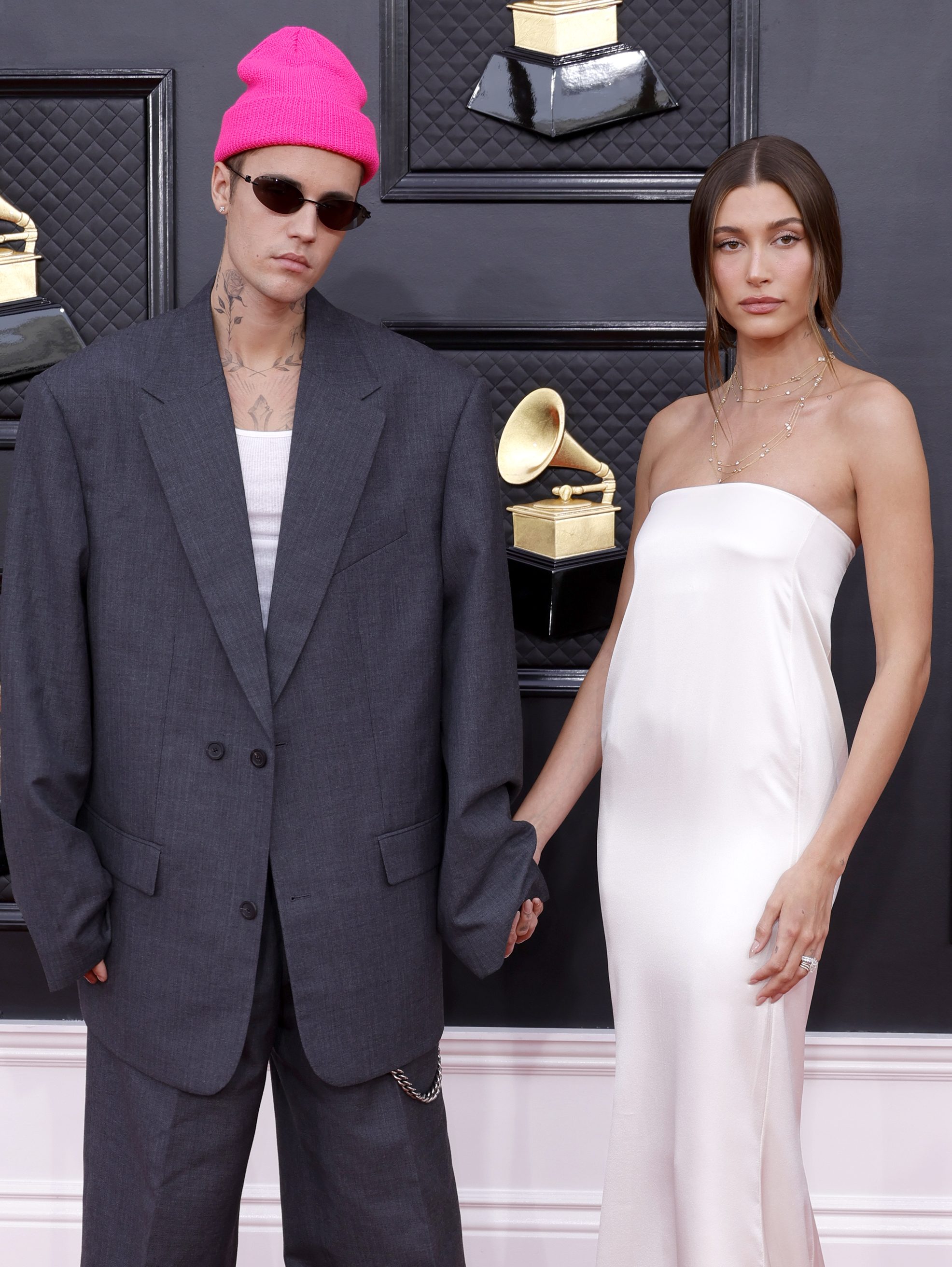 Justin Bieber and Hailey Bieber attend the 64th Annual GRAMMY Awards