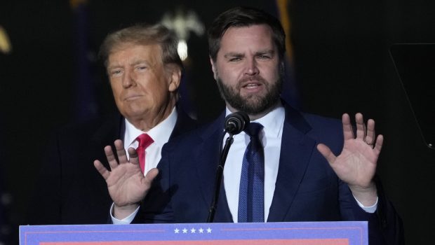 VANDALIA, OHIO - NOVEMBER 07: Former U.S. President Donald Trump and Republican candidate for U.S. Senate JD Vance during the rally at the Dayton International Airport on November 7, 2022 in Vandalia, Ohio. Trump campaigned at the rally for Ohio Republican candidates including Republican candidate for U.S. Senate JD Vance, who is running in a tight race against Democratic candidate for U.S. Senate Rep. Tim Ryan (D-OH). (Photo by Drew Angerer/Getty Images)