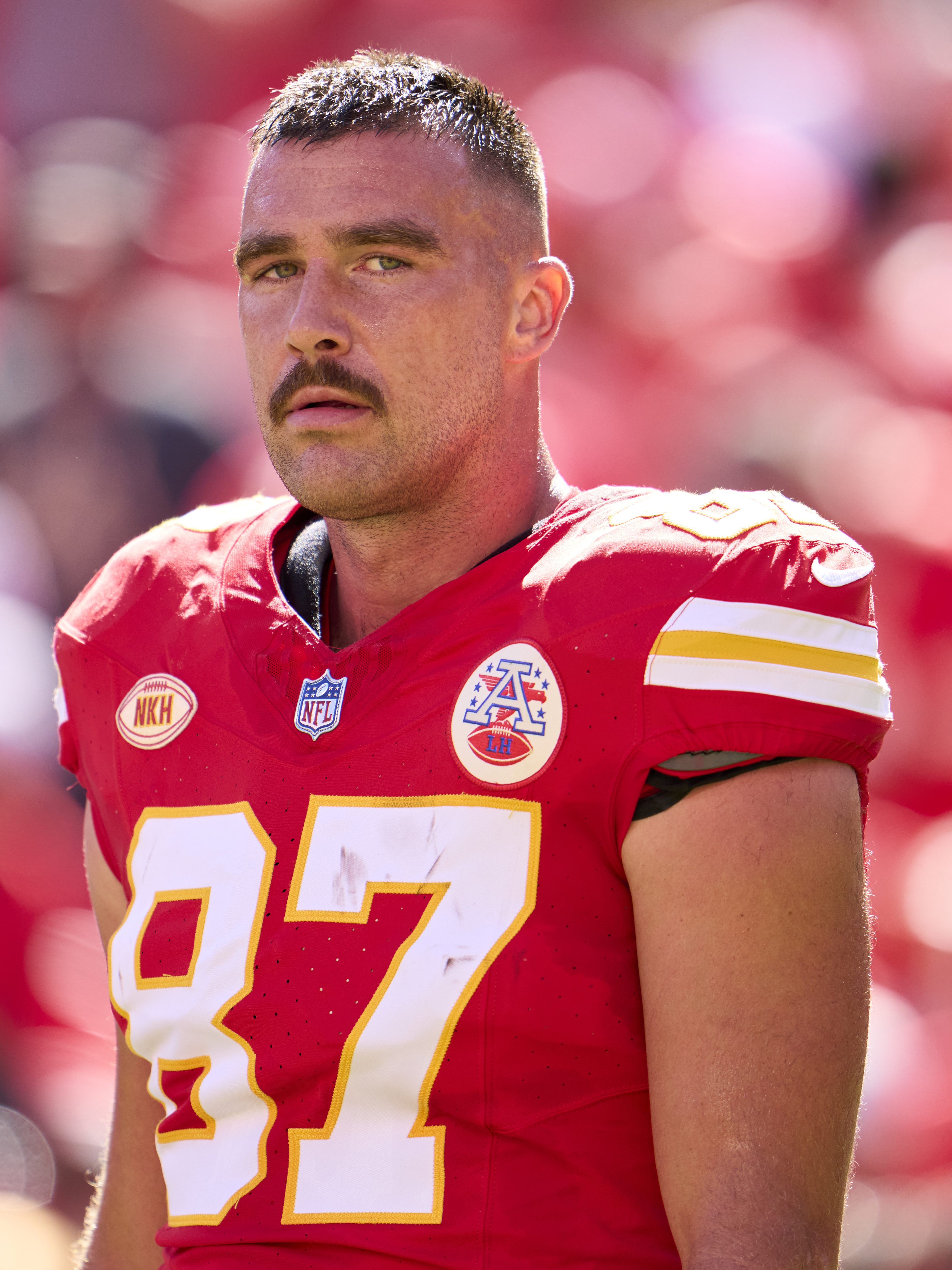KANSAS CITY, MO - SEPTEMBER 24: Travis Kelce #87 of the Kansas City Chiefs looks on before kickoff against the Chicago Bears at GEHA Field at Arrowhead Stadium on September 24, 2023 in Kansas City, Missouri. (Photo by Cooper Neill/Getty Images)
