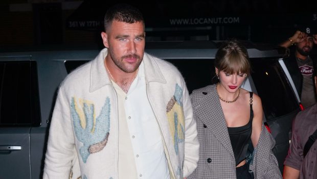 NEW YORK, NEW YORK - OCTOBER 15: Travis Kelce and Taylor Swift arrive at SNL Afterparty on October 15, 2023 in New York City. (Photo by Gotham/GC Images)