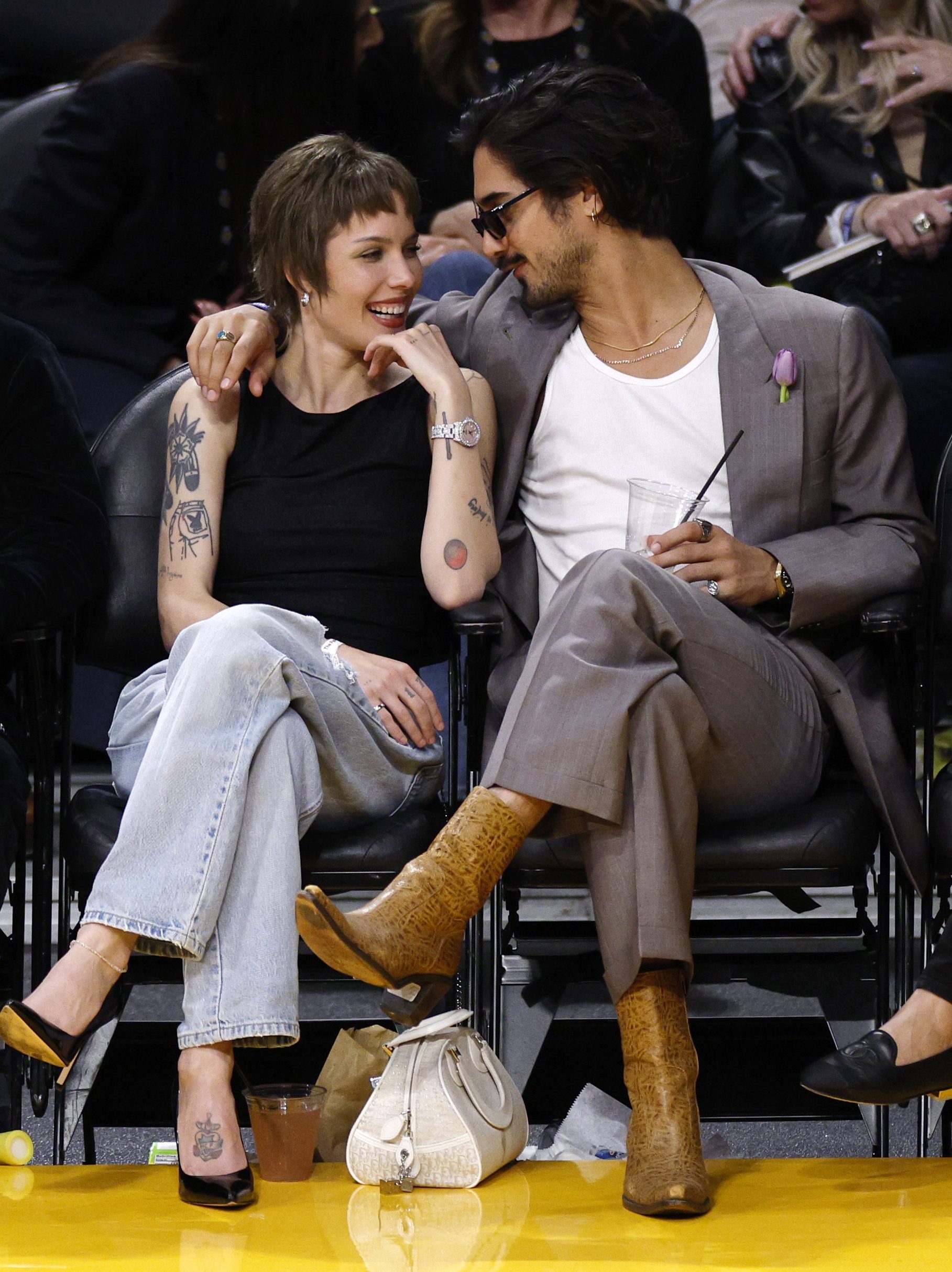 LOS ANGELES, CALIFORNIA - JANUARY 05: Halsey and Avan Jogia attend the basketball game between the Memphis Grizzlies and Los Angeles Lakers at Crypto.com Arena on January 5, 2024 in Los Angeles, California. NOTE TO USER: User expressly acknowledges and agrees that, by downloading and or using this photograph, User is consenting to the terms and conditions of the Getty Images License Agreement. (Photo by Kevork Djansezian/Getty Images)