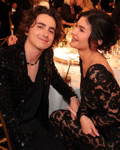 Timothée Chalamet and Kylie Jenner at the 81st Golden Globe Awards held at the Beverly Hilton Hotel on January 7, 2024 in Beverly Hills, California. (Photo by Christopher Polk/Golden Globes 2024/Golden Globes 2024 via Getty Images)