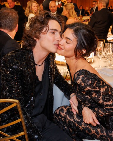 Timothée Chalamet and Kylie Jenner at the 81st Golden Globe Awards held at the Beverly Hilton Hotel on January 7, 2024 in Beverly Hills, California. (Photo by Christopher Polk/Golden Globes 2024/Golden Globes 2024 via Getty Images)