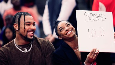 HOUSTON, TEXAS - JANUARY 29: Simone Biles and Jonathan Owens attend a game between the Houston Rockets and the Los Angeles Lakers at Toyota Center on January 29, 2024 in Houston, Texas. NOTE TO USER: User expressly acknowledges and agrees that, by downloading and or using this photograph, User is consenting to the terms and conditions of the Getty Images License Agreement.  (Photo by Carmen Mandato/Getty Images)