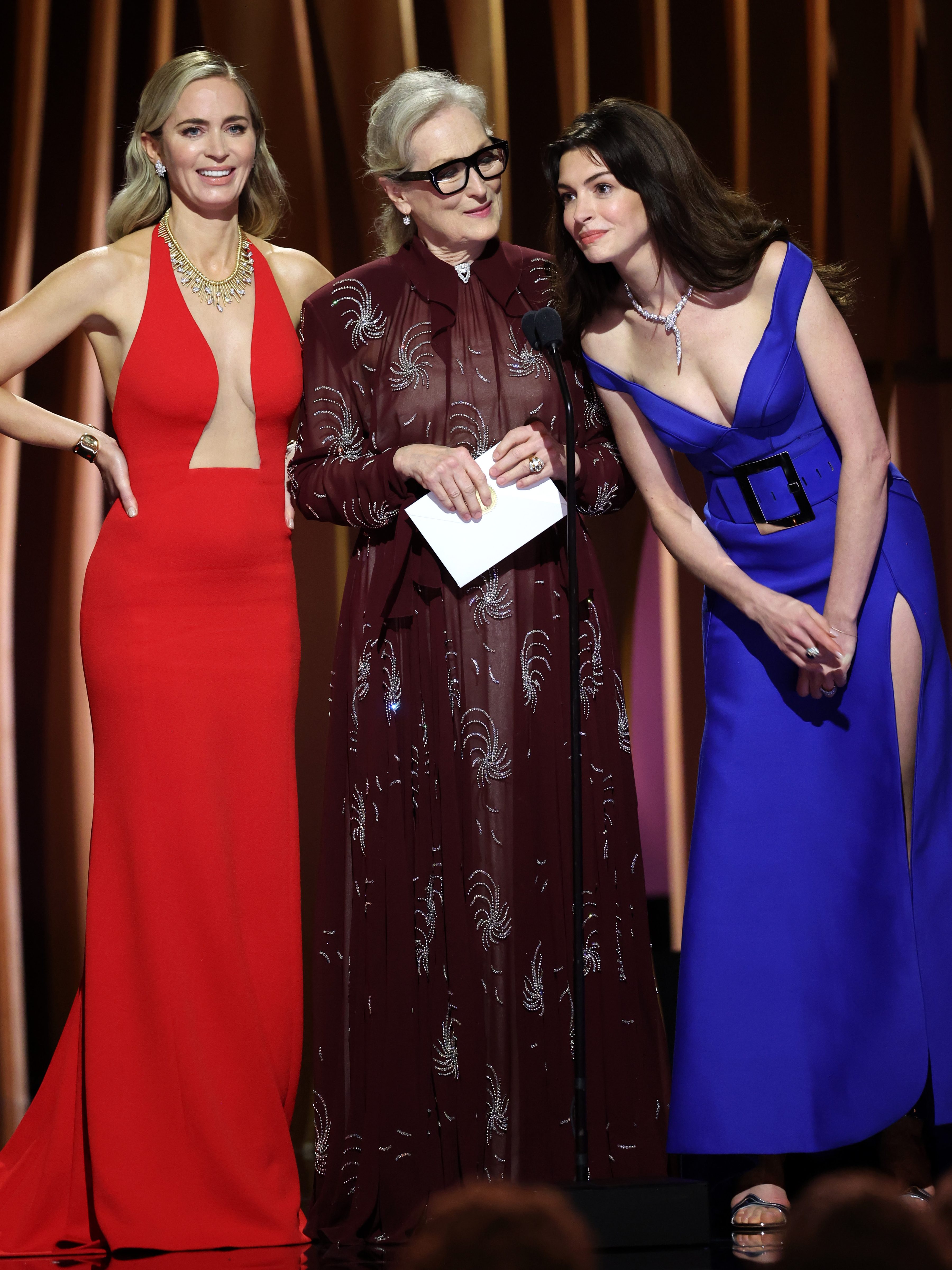 LOS ANGELES, CALIFORNIA - FEBRUARY 24: (L-R) Emily Blunt, Meryl Streep, and Anne Hathaway speak onstage during the 30th Annual Screen Actors Guild Awards at Shrine Auditorium and Expo Hall on February 24, 2024 in Los Angeles, California. (Photo by Matt Winkelmeyer/Getty Images)