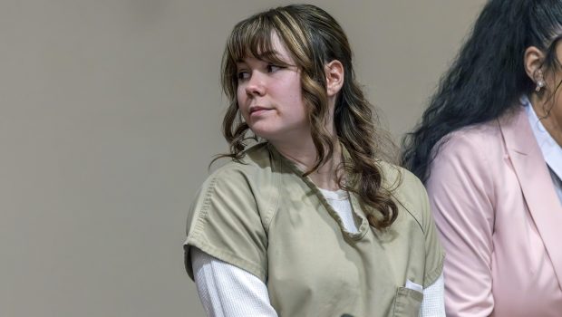 SANTA FE, NEW MEXICO - APRIL 15: Rust armorer Hannah Gutierrez-Reed looks back at her family members at her sentencing at district court on April 15, 2024 in Santa Fe, New Mexico. Armorer on the set of the Western film "Rust,"Gutierrez Reed was convicted by a jury of involuntary manslaughter in the death of cinematographer Halyna Hutchins who was fatally shot by Alec Baldwin in 2021. Gutierrez Reed was sentenced to 18 months in prison. (Photo by Luis Sánchez Saturno-Pool/Getty Images)