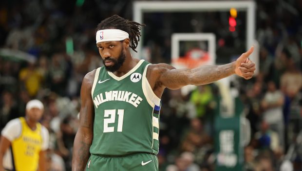 MILWAUKEE, WISCONSIN - APRIL 21: Patrick Beverley #21 of the Milwaukee Bucks waits for a free throw during game one of the Eastern Conference First Round Playoffs against the Indiana Pacers at Fiserv Forum on April 21, 2024 in Milwaukee, Wisconsin.  NOTE TO USER: User expressly acknowledges and agrees that, by downloading and or using this photograph, User is consenting to the terms and conditions of the Getty Images License Agreement. (Photo by Stacy Revere/Getty Images)