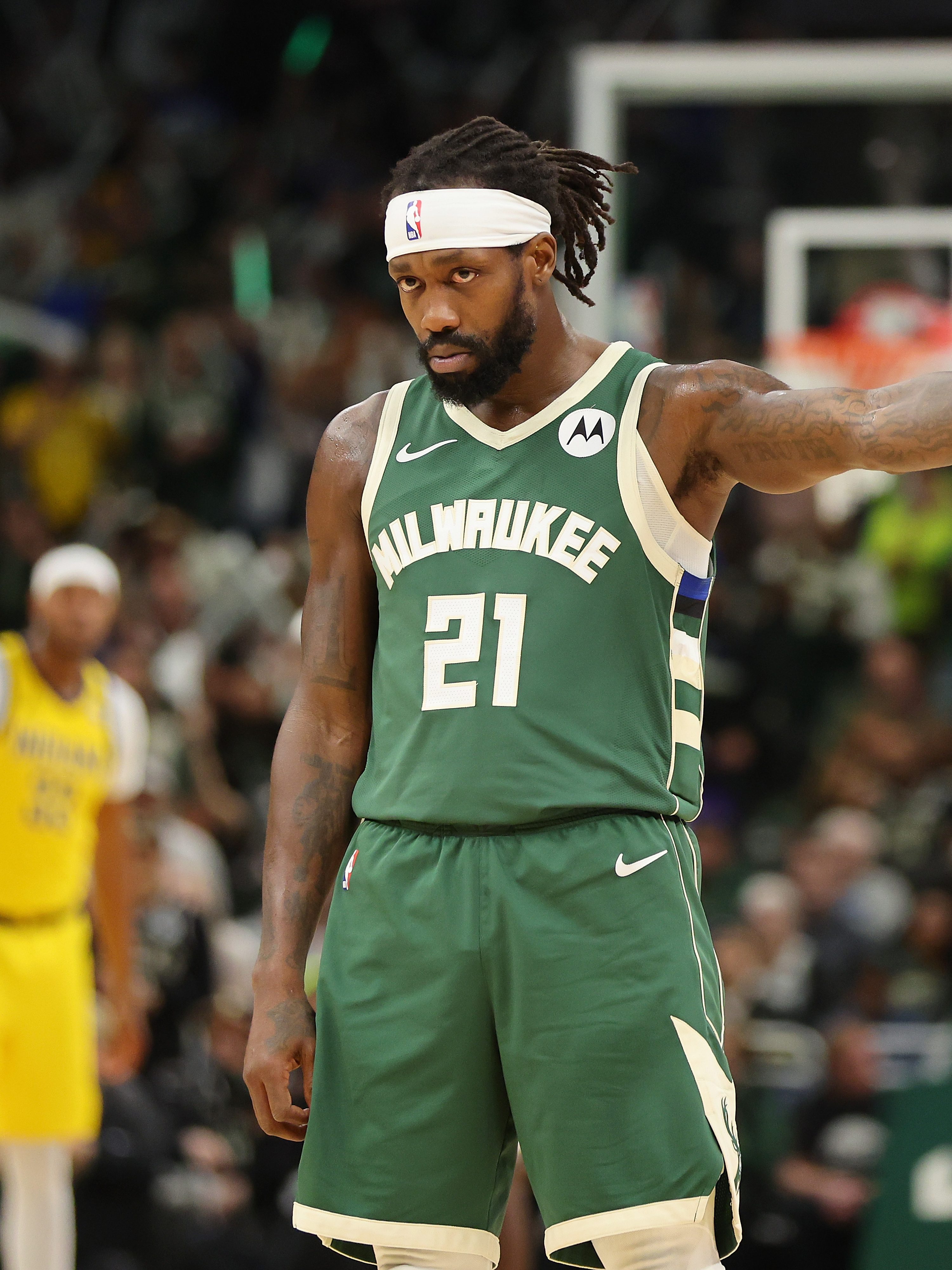 MILWAUKEE, WISCONSIN - APRIL 21: Patrick Beverley #21 of the Milwaukee Bucks waits for a free throw during game one of the Eastern Conference First Round Playoffs against the Indiana Pacers at Fiserv Forum on April 21, 2024 in Milwaukee, Wisconsin.  NOTE TO USER: User expressly acknowledges and agrees that, by downloading and or using this photograph, User is consenting to the terms and conditions of the Getty Images License Agreement. (Photo by Stacy Revere/Getty Images)
