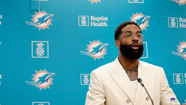 MIAMI GARDENS, FLORIDA - MAY 15: Odell Beckham Jr. speaks during a press conference on May 15, 2024 in Miami Gardens, Florida. (Photo by Carmen Mandato/Getty Images)