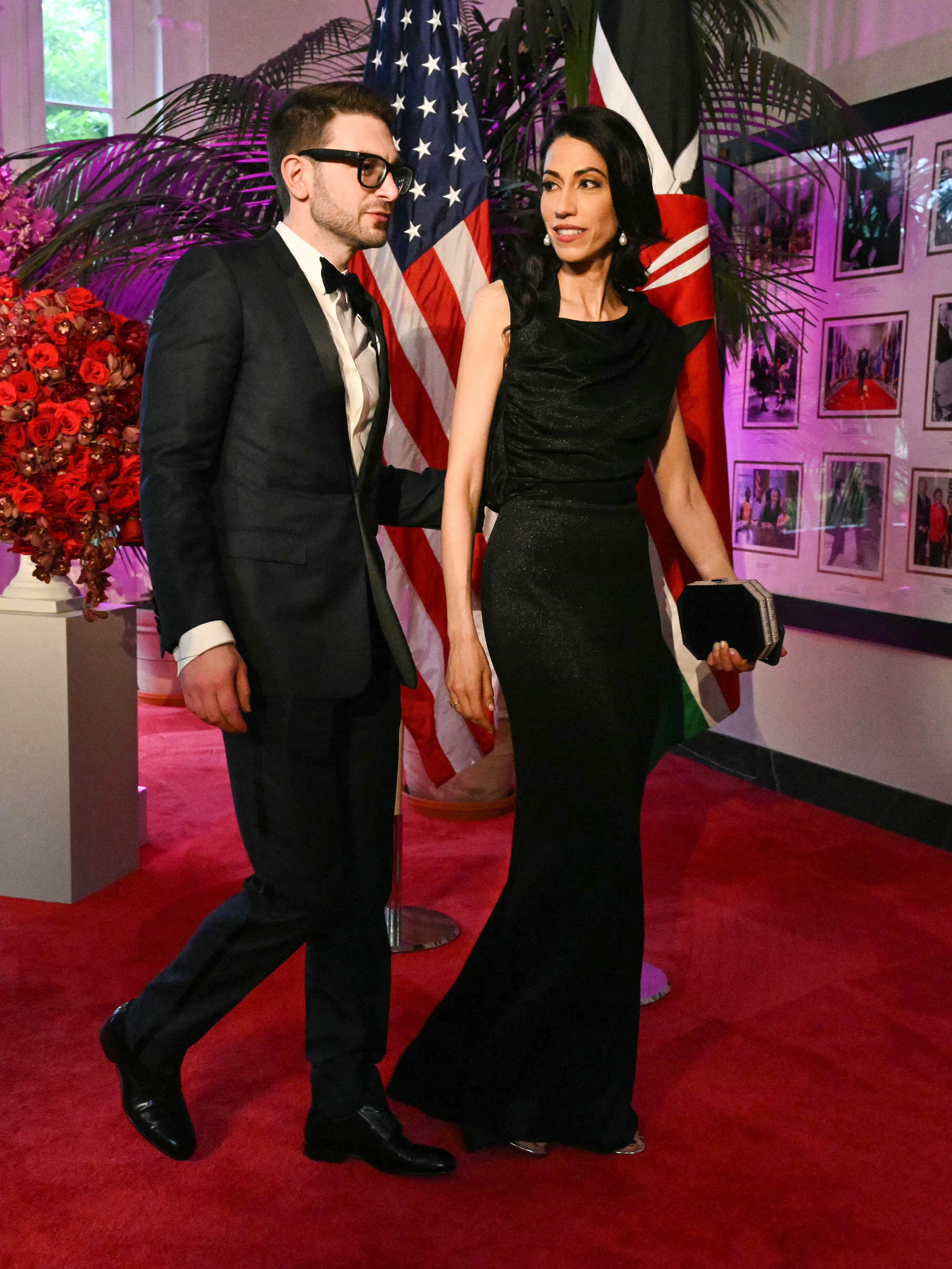 US historian Alex Soros and political staffer Huma Abedin arrives at the Booksellers Room of the White House on the occasion of the State Dinner with the Kenyan president at the White House in Washington, DC, on May 23, 2024. (Photo by SAUL LOEB / AFP) (Photo by SAUL LOEB/AFP via Getty Images)