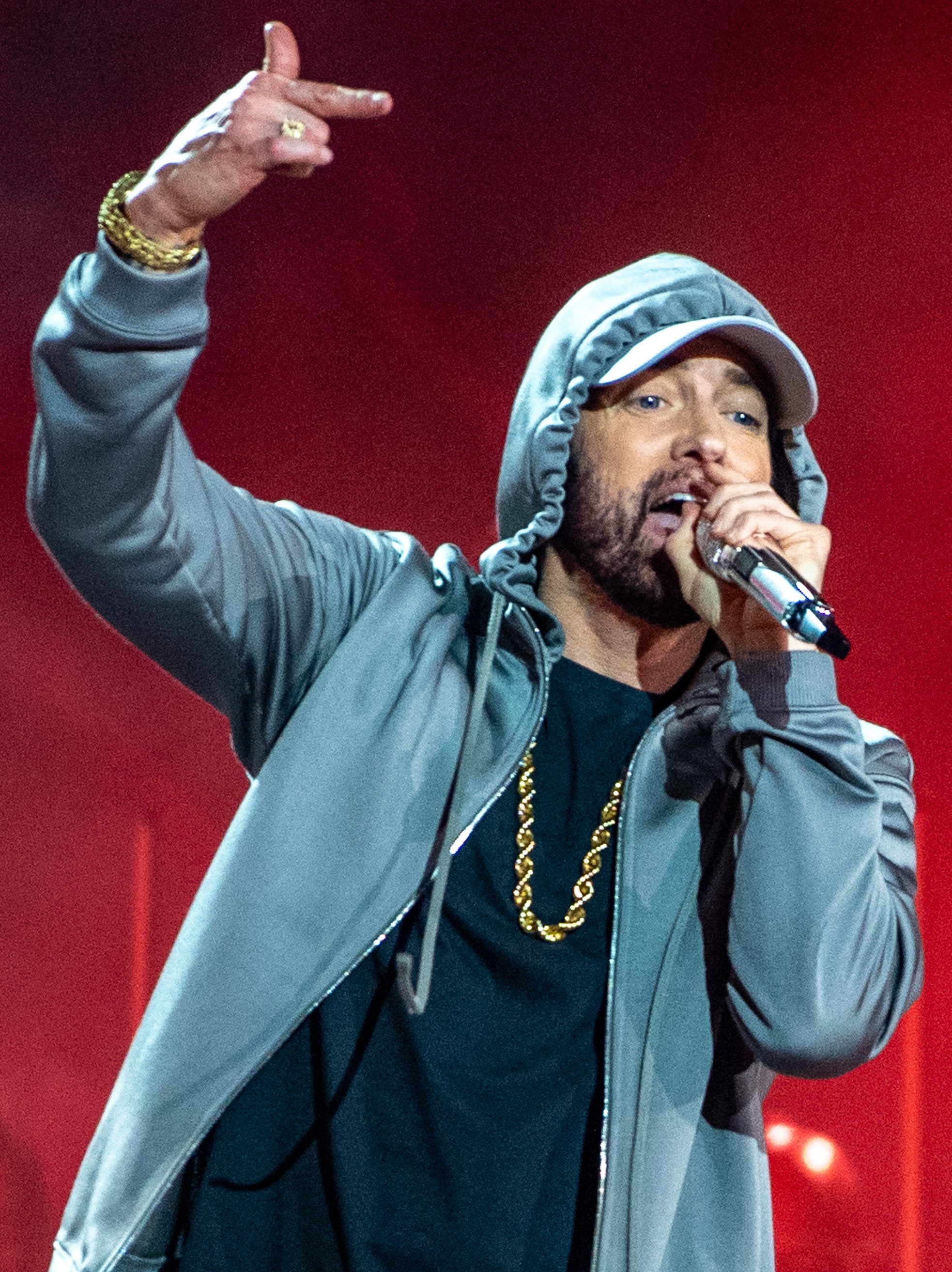 DETROIT, MICHIGAN - JUNE 06: Eminem performs onstage at Live from Detroit: The Concert at Michigan Central" at Michigan Central Station on June 06, 2024 in Detroit, Michigan. (Photo by Aaron J. Thornton/Getty Images)