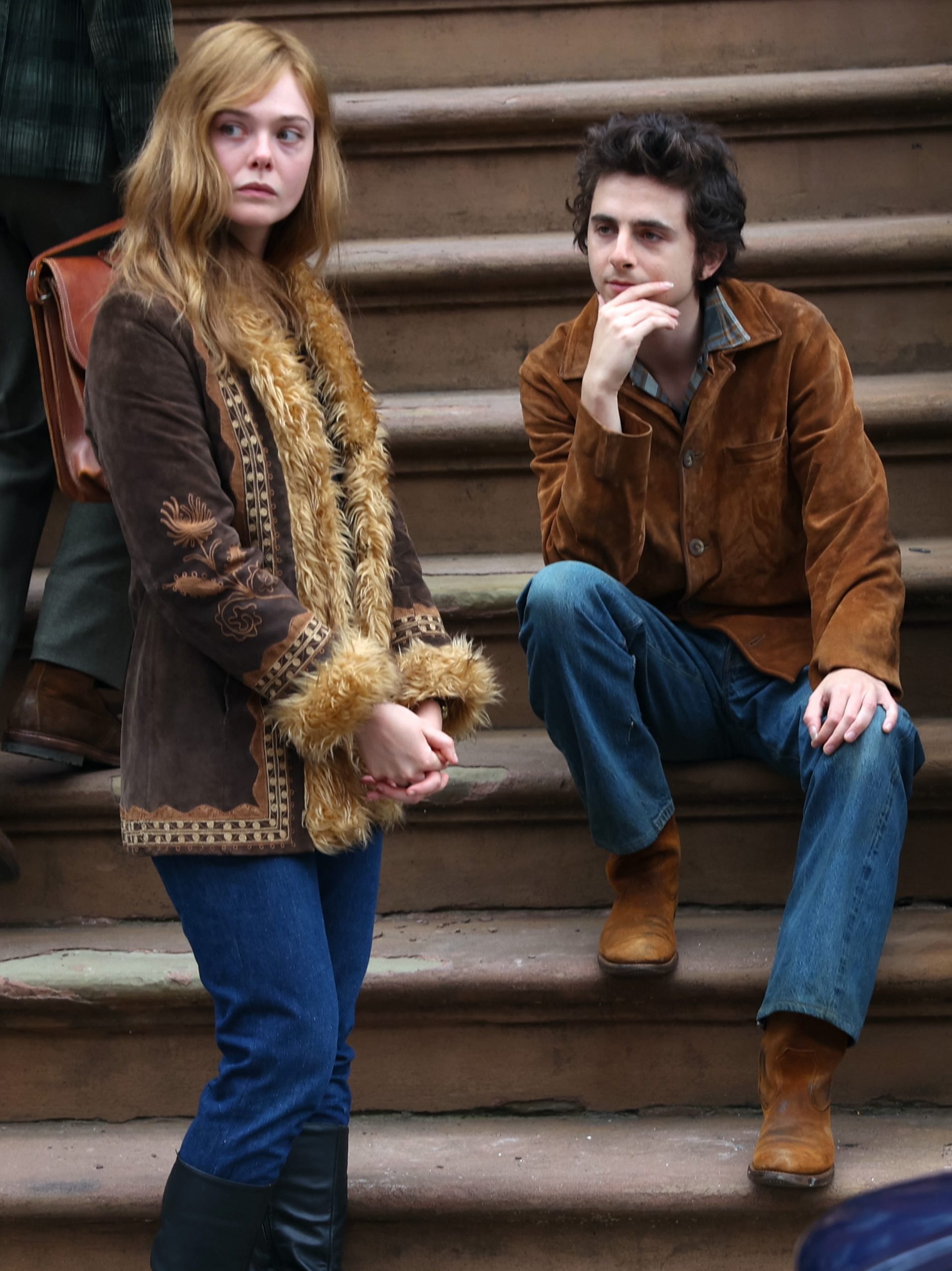 Elle Fanning and Timothee Chalamet are seen on the movie set of the 'A Complete Unknown' on June 11, 2024 in Hoboken, New Jersey.