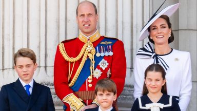 LONDON, ENGLAND - JUNE 15: Prince George of Wales, Prince William, Prince of Wales, Prince Louis of Wales, Princess Charlotte of Wales and Catherine, Princess of Wales during Trooping the Colour on June 15, 2024 in London, England. Trooping the Colour is a ceremonial parade celebrating the official birthday of the British Monarch. The event features over 1,400 soldiers and officers, accompanied by 200 horses. More than 400 musicians from ten different bands and Corps of Drums march and perform in perfect harmony. (Photo by Samir Hussein/WireImage)