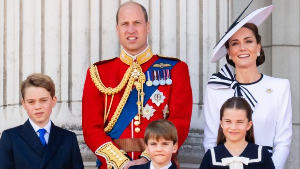 LONDON, ENGLAND - JUNE 15: Prince George of Wales, Prince William, Prince of Wales, Prince Louis of Wales, Princess Charlotte of Wales and Catherine, Princess of Wales during Trooping the Colour on June 15, 2024 in London, England. Trooping the Colour is a ceremonial parade celebrating the official birthday of the British Monarch. The event features over 1,400 soldiers and officers, accompanied by 200 horses. More than 400 musicians from ten different bands and Corps of Drums march and perform in perfect harmony. (Photo by Samir Hussein/WireImage)