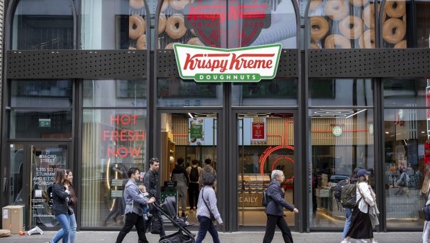 People outside Krispy Kreme, their new store on Oxford Street on 9th June 2024 in London, United Kingdom. Krispy Kreme, previously known as Krispy Kreme Doughnuts, Inc is an American multinational doughnut company and coffeehouse chain. (photo by Mike Kemp/In Pictures via Getty Images)