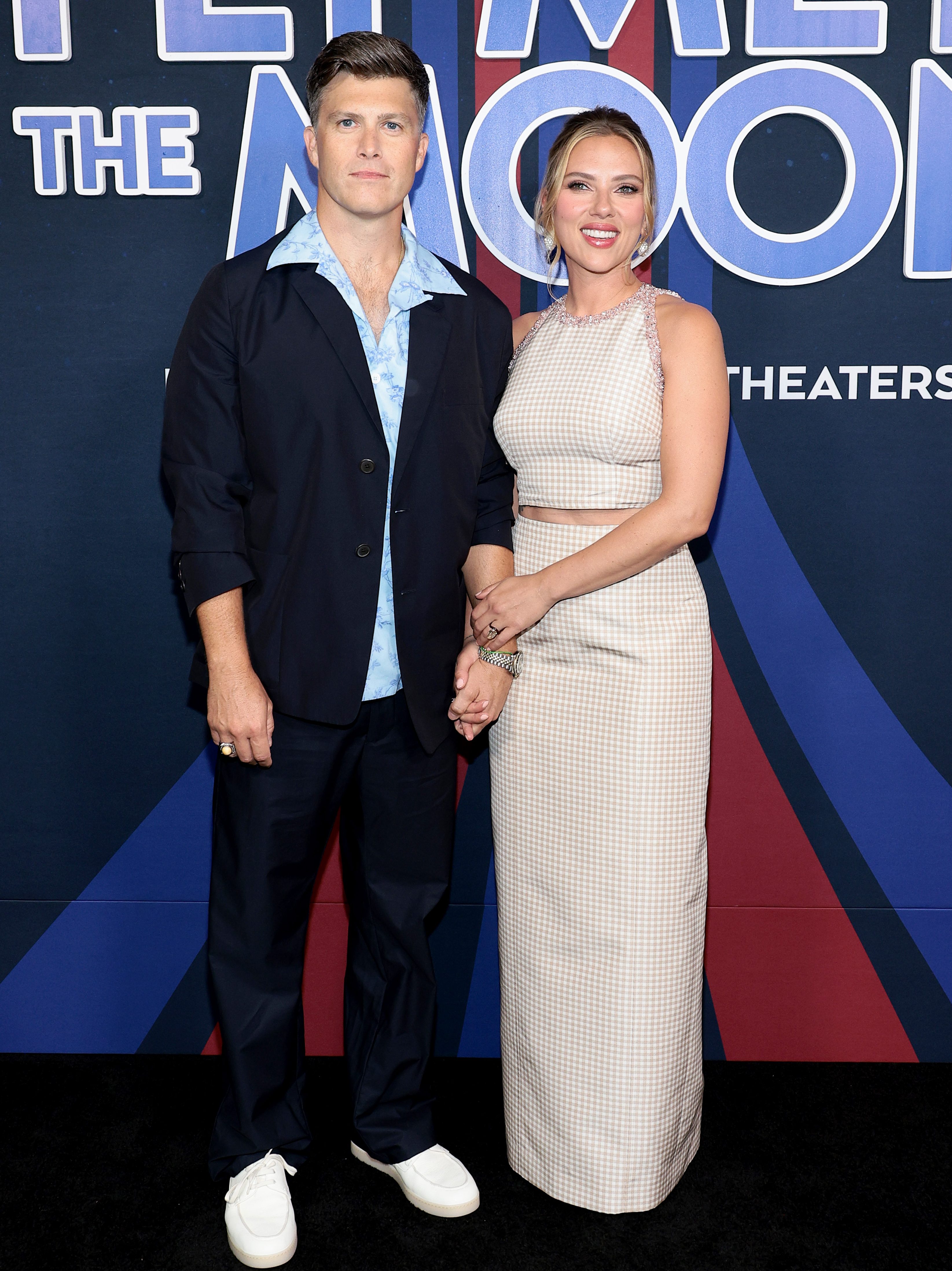 NEW YORK, NEW YORK - JULY 08: (L-R) Colin Jost and Scarlett Johansson attend the "Fly Me To The Moon" World Premiere at AMC Lincoln Square Theater on July 08, 2024 in New York City. (Photo by Dimitrios Kambouris/Getty Images)