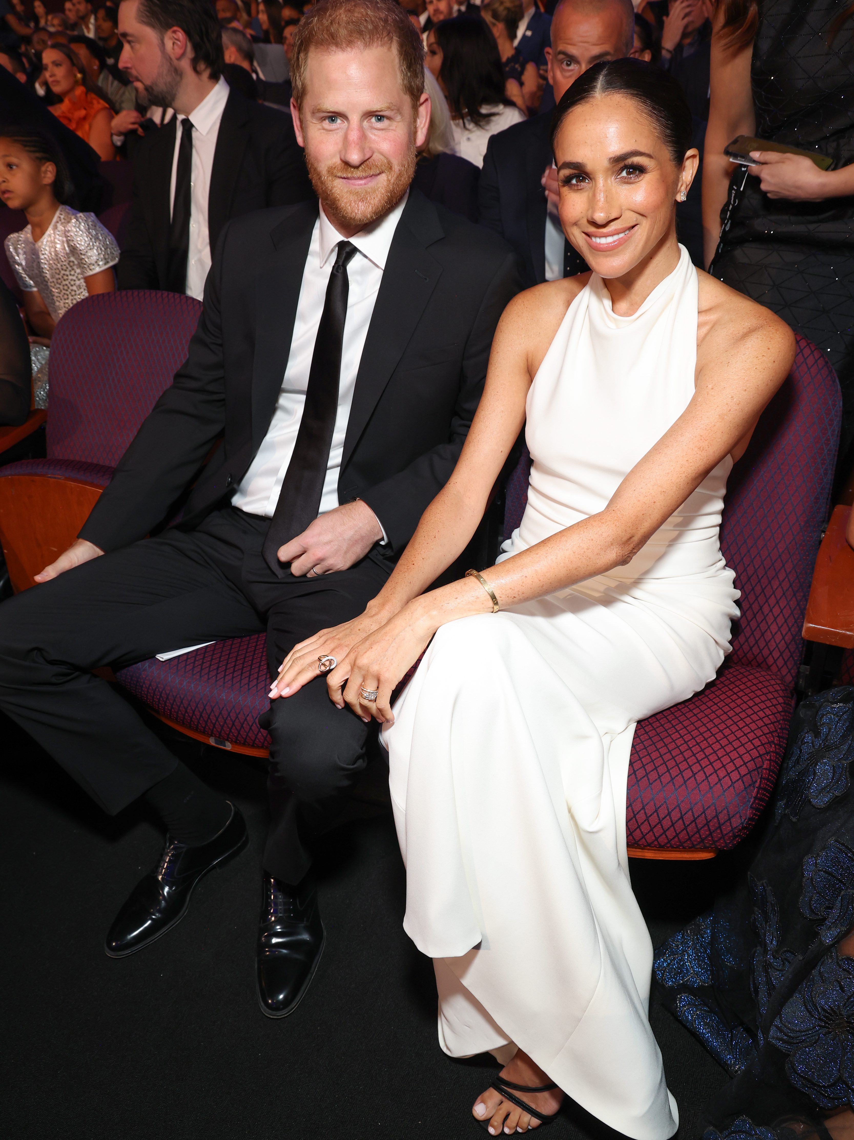 HOLLYWOOD, CALIFORNIA - JULY 11: (Exclusive Coverage) (L-R) Prince Harry, Duke of Sussex and Meghan, Duchess of Sussex  attend the 2024 ESPY Awards at Dolby Theatre on July 11, 2024 in Hollywood, California. (Photo by Kevin Mazur/Getty Images for W+P)