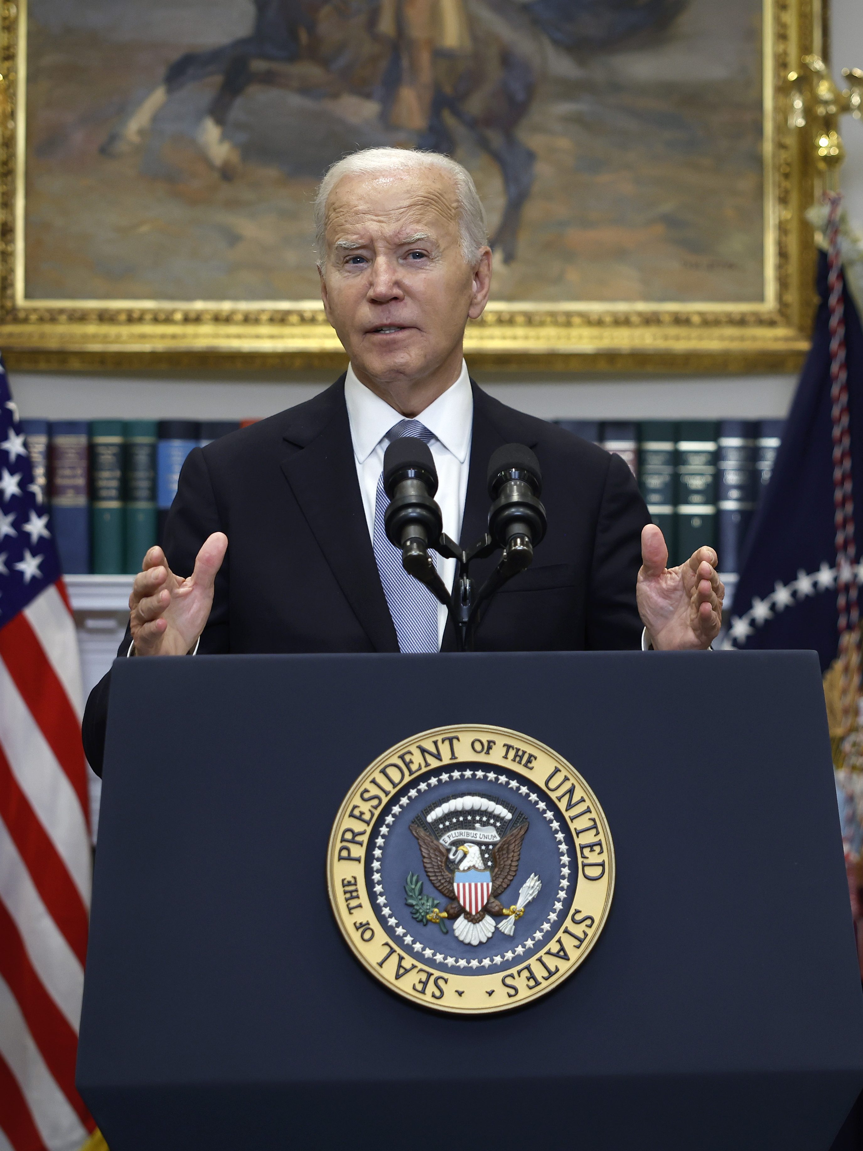 WASHINGTON, DC - JULY 14: U.S. President Joe Biden delivers remarks on the assassination attempt on Republican presidential candidate former President Donald Trump at the White House on July 14, 2024 in Washington, DC. A shooter opened fire injuring former President Trump, killing one audience member and injuring others during a campaign event in Butler, Pennsylvania on July 13. Biden was joined by Vice President Kamala Harris and Attorney General Merrick Garland. (Photo by Kevin Dietsch/Getty Images)