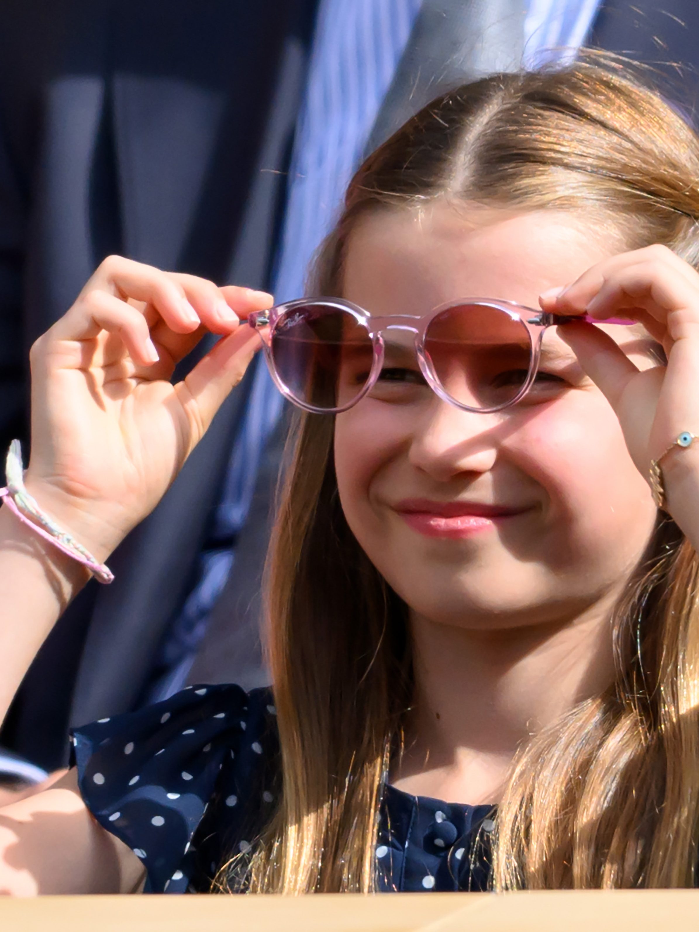 LONDON, ENGLAND - JULY 14: Princess Charlotte of Wales court-side of Centre Court during the men's final on day fourteen of the Wimbledon Tennis Championships at the All England Lawn Tennis and Croquet Club on July 14, 2024 in London, England. (Photo by Karwai Tang/WireImage)