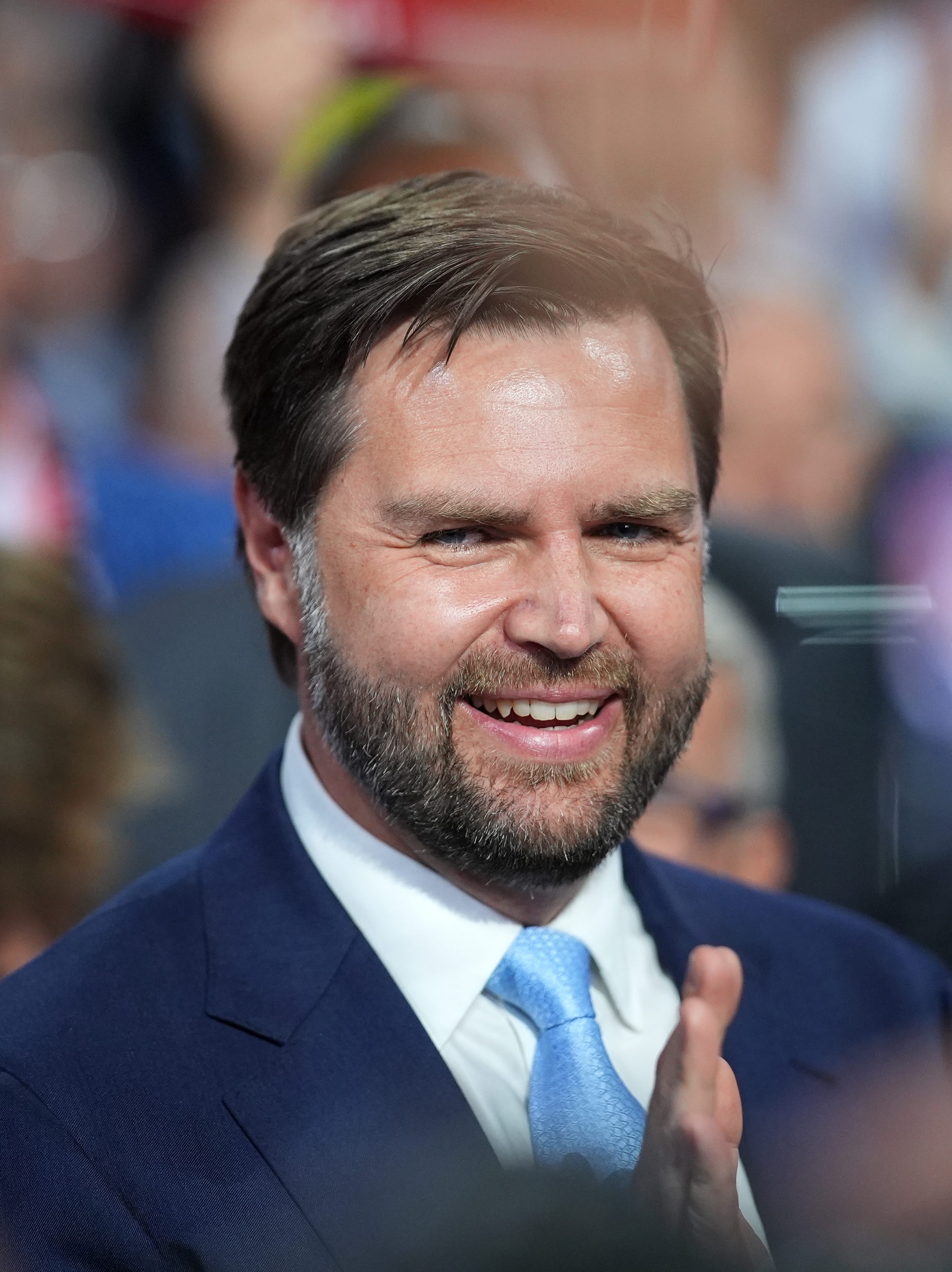 MILWAUKEE, WISCONSIN - JULY 15: Trump's pick for Vice President, U.S. Sen. J.D. Vance (R-OH) arrives on the first day of the Republican National Convention at the Fiserv Forum on July 15, 2024 in Milwaukee, Wisconsin. Delegates, politicians, and the Republican faithful are in Milwaukee for the annual convention, concluding with former President Donald Trump accepting his party's presidential nomination. The RNC takes place from July 15-18. (Photo by Andrew Harnik/Getty Images)