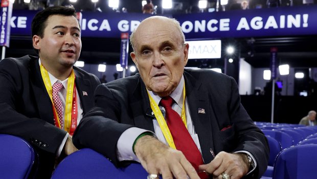 MILWAUKEE, WISCONSIN - JULY 16: Rudy Giuliani, the former personal lawyer for former U.S. President Donald Trump, speaks to the press on the second day of the Republican National Convention at the Fiserv Forum on July 16, 2024 in Milwaukee, Wisconsin. Delegates, politicians, and the Republican faithful are in Milwaukee for the annual convention, concluding with former President Donald Trump accepting his party's presidential nomination. The RNC takes place from July 15-18. (Photo by Alex Wong/Getty Images)