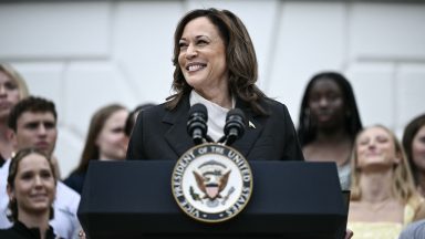 US Vice President Kamala Harris speaks during an event honoring National Collegiate Athletic Association (NCAA) championship teams from the 2023-2024 season, on the South Lawn of the White House in Washington, DC on July 22, 2024. Joe Biden on July 21, 2024 dropped out of the US presidential election and endorsed Vice President Kamala Harris as the Democratic Party's new nominee, in a stunning move that upends an already extraordinary 2024 race for the White House. Biden, 81, said he was acting in the "best interest of my party and the country" by bowing to weeks of pressure after a disastrous June debate against Donald Trump stoked worries about his age and mental fitness. (Photo by Brendan SMIALOWSKI / AFP) (Photo by BRENDAN SMIALOWSKI/AFP via Getty Images)