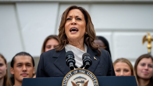 WASHINGTON, DC - JULY 22: U.S. Vice President Kamala Harris speaks during an NCAA championship teams celebration on the South Lawn of the White House on July 22, 2024 in Washington, DC. U.S. President Joe Biden abandoned his campaign for a second term after weeks of pressure from fellow Democrats to withdraw and just months ahead of the November election, throwing his support behind Harris. (Photo by Andrew Harnik/Getty Images)