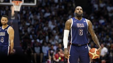 LONDON, ENGLAND: JULY 20:  LeBron James #6 of United States during the United States V South Sudan USA basketball showcase at The O2 Arena on July 20th, 2024  in London, England. (Photo by Tim Clayton/Corbis via Getty Images)