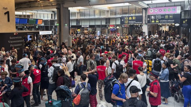 A view of the Montparnasse train station in Paris, France on July 26, 2024, as France's high-speed TGV network was severely disrupted by what officials described as 'criminal actions' ahead of the Paris Olympic opening ceremony later in the day. Train traffic is extremely disrupted in Paris following coordinated acts of sabotage on several lines last night. The SNCF is calling it a 'massive attack'. (Photo by Mehmet Murat Onel/Anadolu via Getty Images)