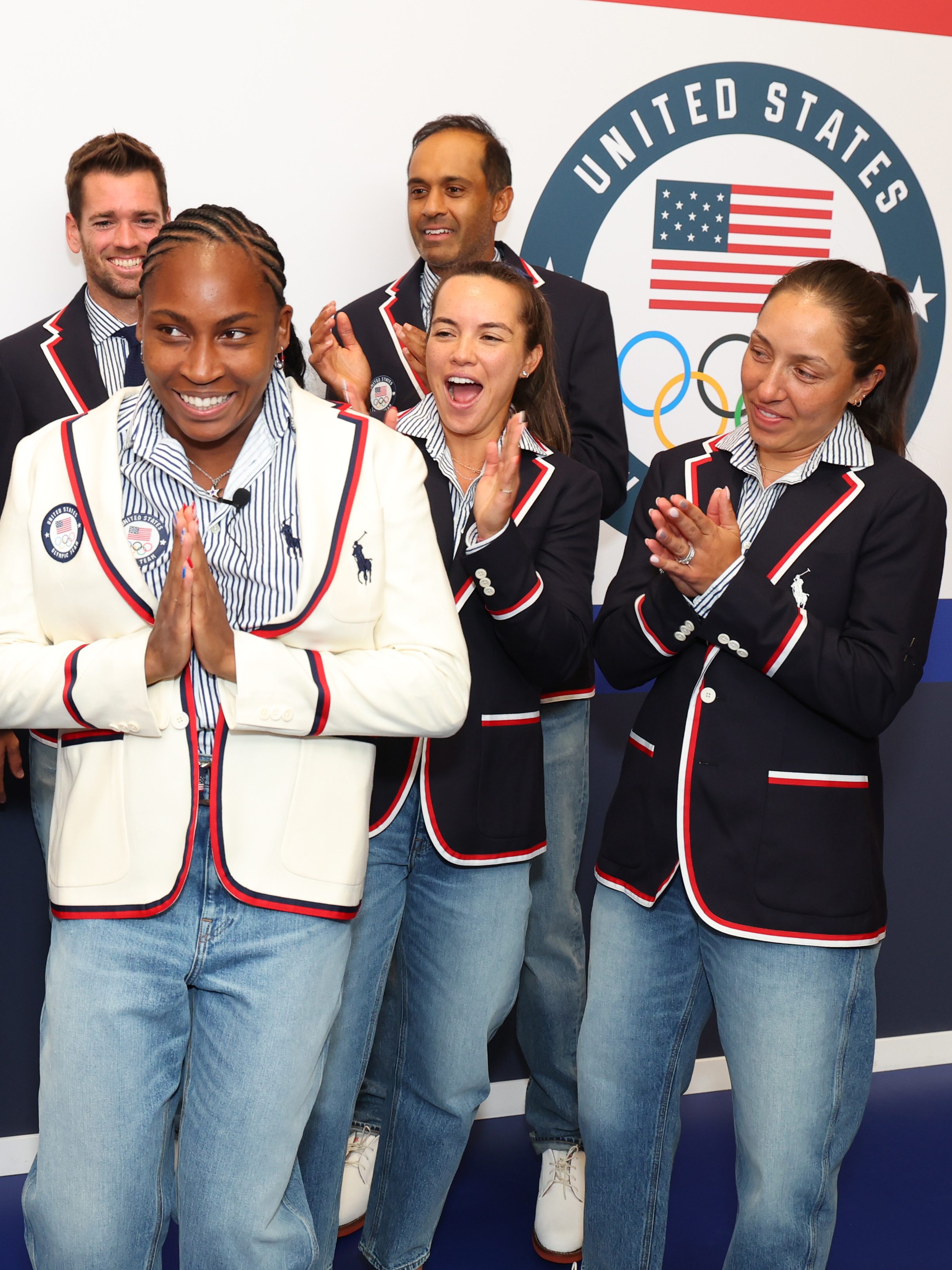 PARIS, FRANCE - JULY 23: U.S. Olympians Marcos Giron, Emma Navarro, Tommy Paul, Danielle Collins, Taylor Harry Fritz, Coco Gauff, Desirae Krajczyk, Rajeev Ram, Jessica Pegula and Christopher Eubanks celebrate the announcement of Coco Gauff as the US Flag Bearer at the Team USA Welcome Experience ahead of Paris 2024 on July 23, 2024 in Paris, France.  (Photo by Joe Scarnici/Getty Images for USOPC)