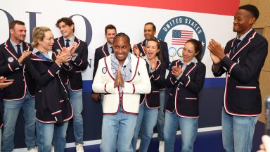 PARIS, FRANCE - JULY 23: U.S. Olympians Marcos Giron, Emma Navarro, Tommy Paul, Danielle Collins, Taylor Harry Fritz, Coco Gauff, Desirae Krajczyk, Rajeev Ram, Jessica Pegula and Christopher Eubanks celebrate the announcement of Coco Gauff as the US Flag Bearer at the Team USA Welcome Experience ahead of Paris 2024 on July 23, 2024 in Paris, France.  (Photo by Joe Scarnici/Getty Images for USOPC)